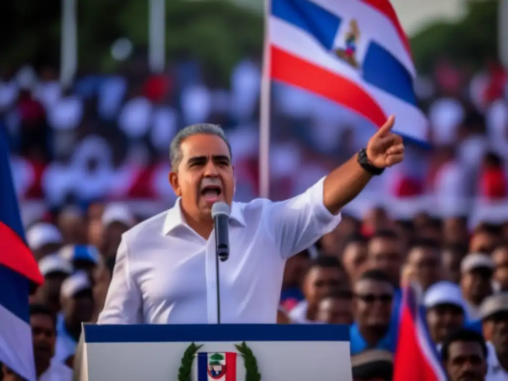Leonel Fernández en un apasionado discurso ante seguidores, bandera dominicana ondeando