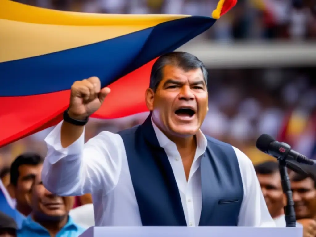 Rafael Correa, con determinación, dando un apasionado discurso a sus seguidores con la bandera de Ecuador de fondo