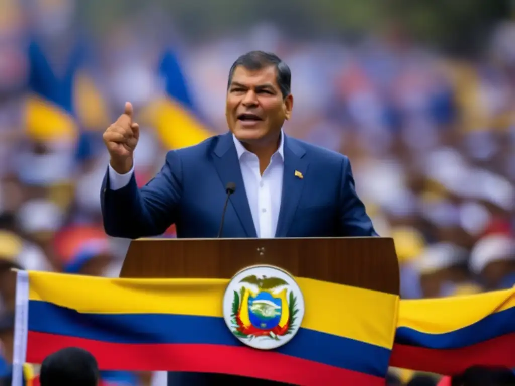 Rafael Correa lidera un apasionado discurso ante seguidores con la bandera de Ecuador al fondo