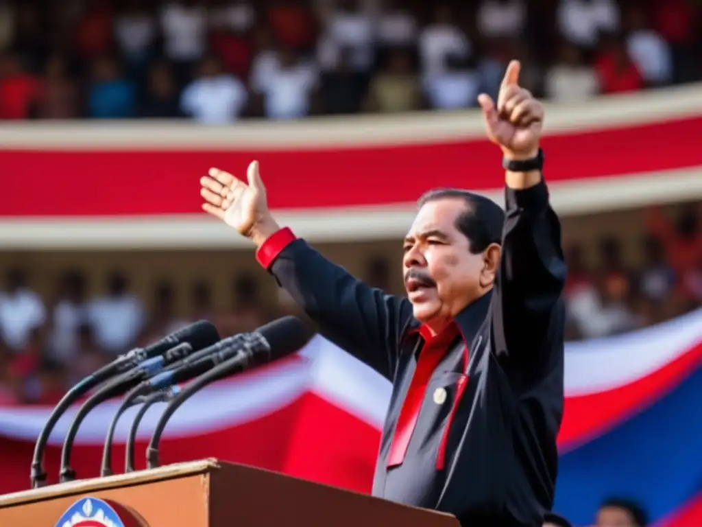 Daniel Ortega pronuncia un apasionado discurso ante seguidores, con la bandera de Nicaragua de fondo