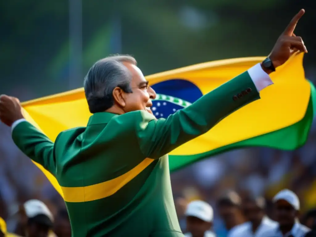 Leonel Brizola entregando un apasionado discurso a sus seguidores con la bandera brasileña ondeando al fondo