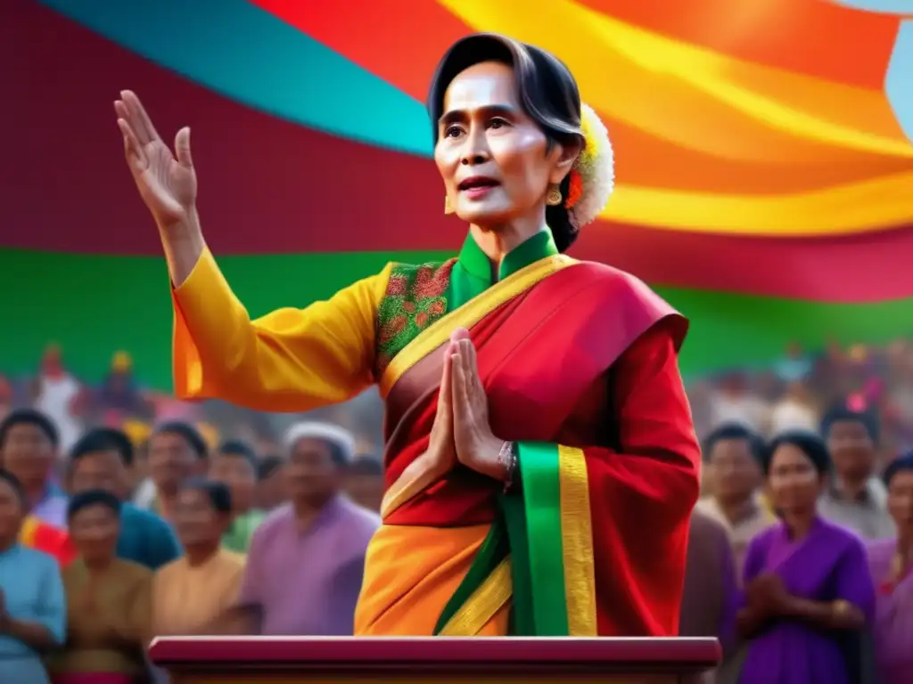 Aung San Suu Kyi da un apasionado discurso a sus seguidores, vistiendo un traje tradicional birmano, irradiando determinación y fuerza