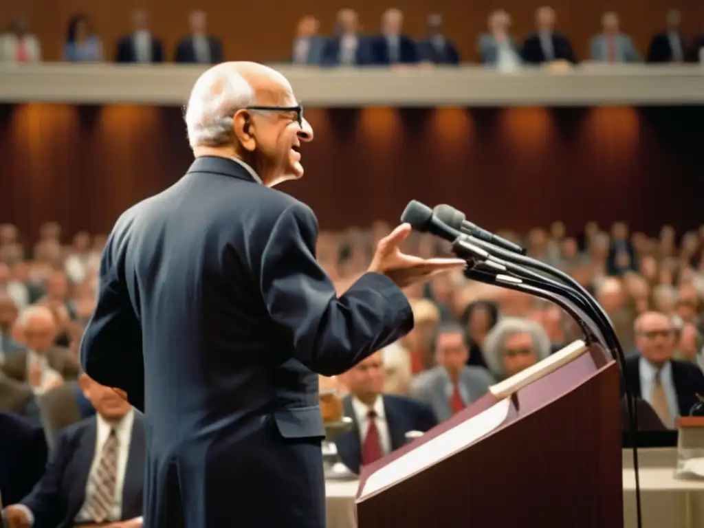 Milton Friedman entrega apasionado discurso sobre teoría monetaria, cautivando a la audiencia en conferencia profesional