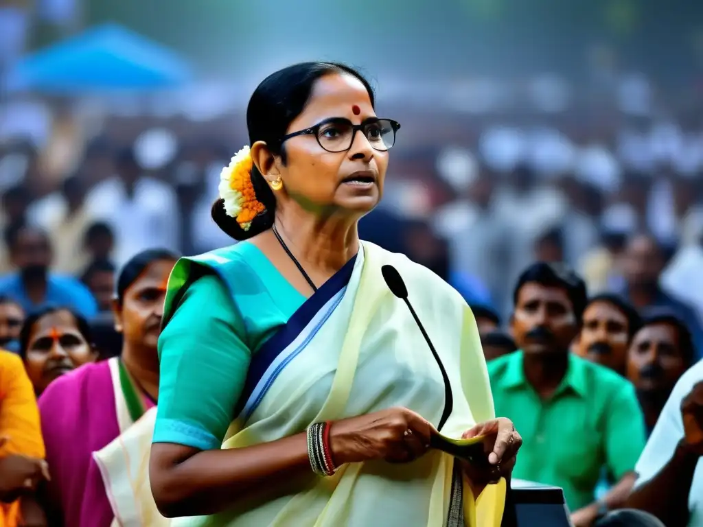 Mamata Banerjee liderando un apasionado mitin político en Bengala Occidental, con una multitud diversa y comprometida