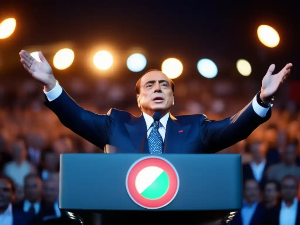 Silvio Berlusconi dirige un apasionado mitin político, con una multitud diversa de fondo