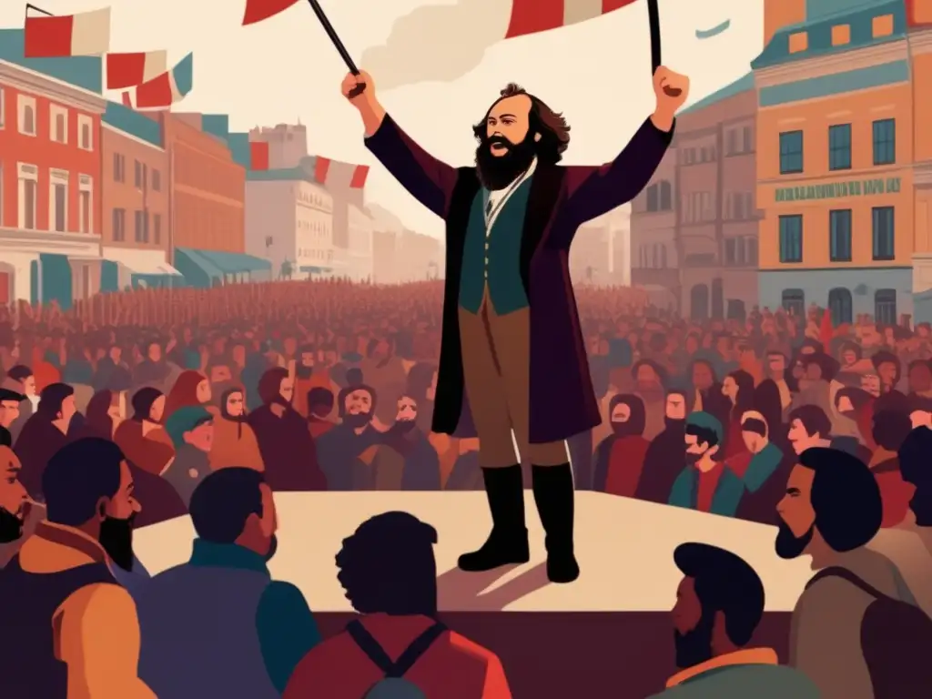 Un apasionado Mijaíl Bakunin arenga a la multitud en una plaza bulliciosa, exaltando la libertad y la liberación
