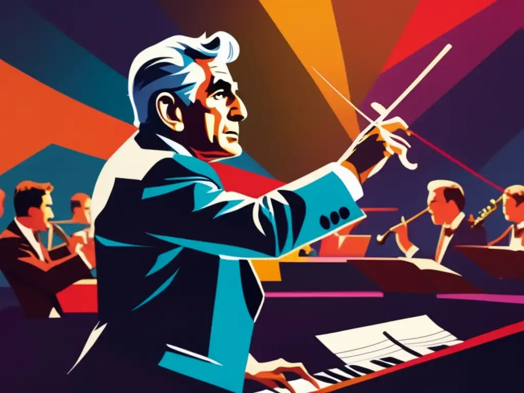 Leonard Bernstein dirige apasionado a la orquesta, con luces dinámicas