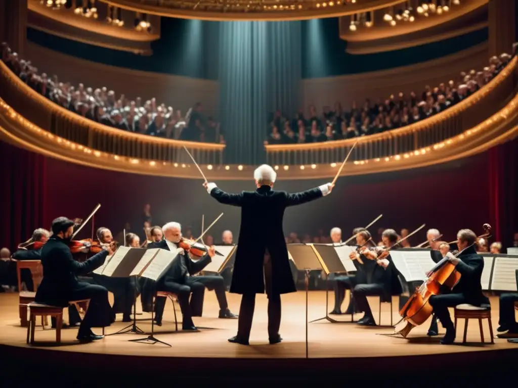 Un apasionado Tchaikovsky dirige su sinfonía rusa con maestría, envuelto en la intensa luz del escenario