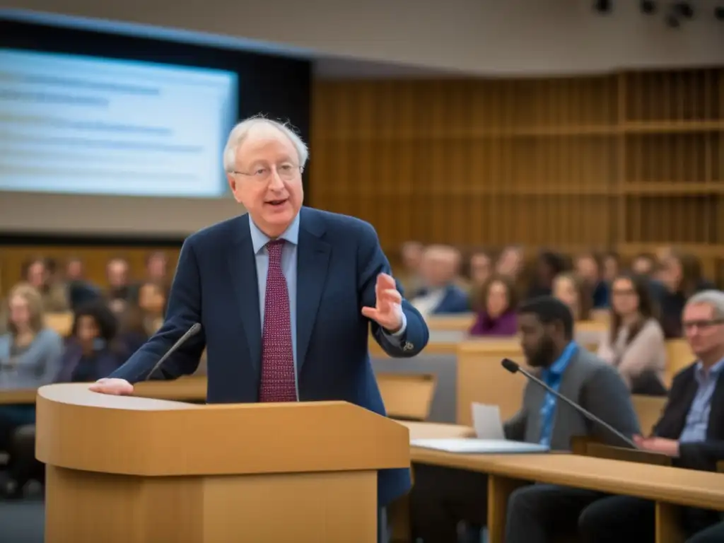 George Akerlof imparte una apasionante conferencia sobre la asimetría de la información en mercados en una universidad prestigiosa, rodeado de estudiantes y profesores comprometidos