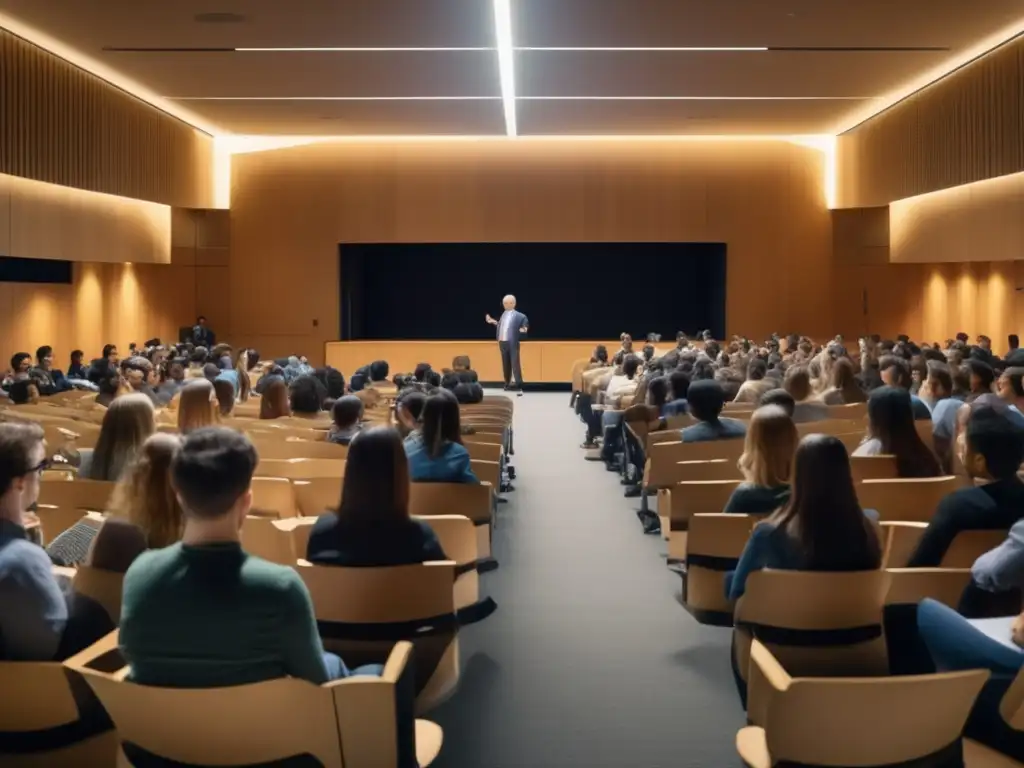 Gary Becker imparte una apasionante conferencia sobre Economía del comportamiento humano en una sala moderna, rodeado de estudiantes atentos
