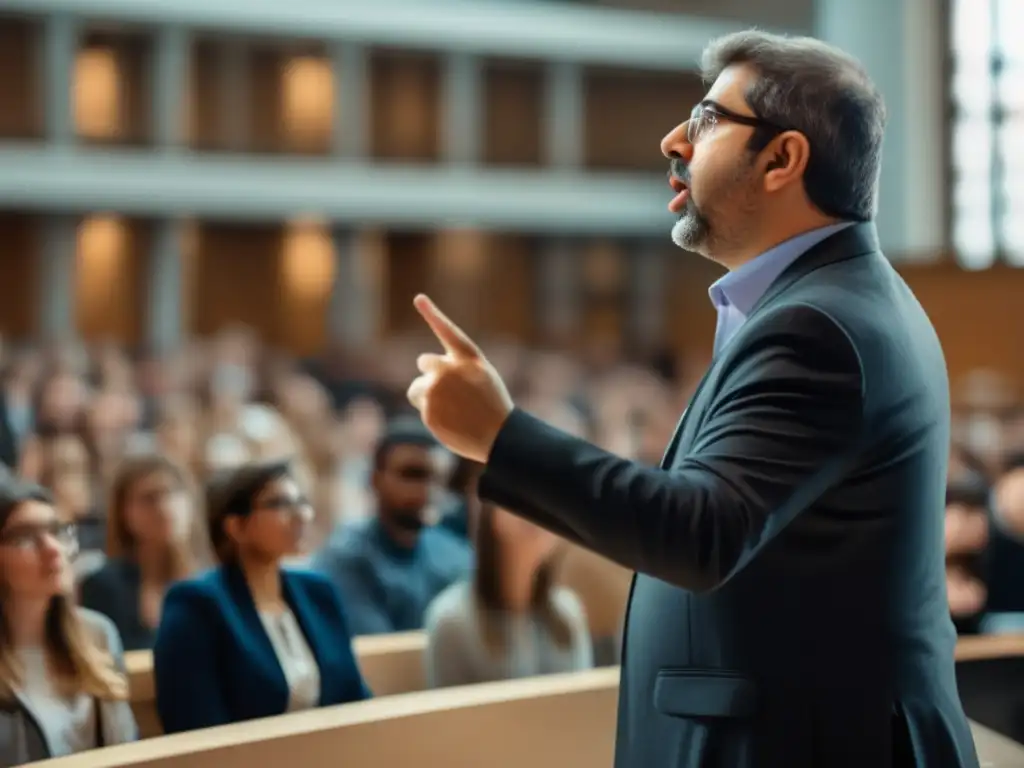 Daron Acemoglu imparte una apasionante conferencia en la Universidad, rodeado de estudiantes y académicos, en una sala moderna bañada de luz natural