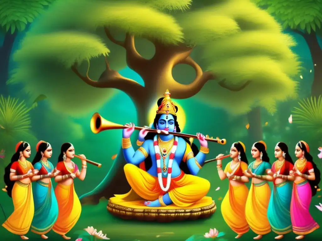 Bajo el árbol Kadamba, Krishna, Dios amoroso, toca la flauta rodeado de gopis en un bosque exuberante
