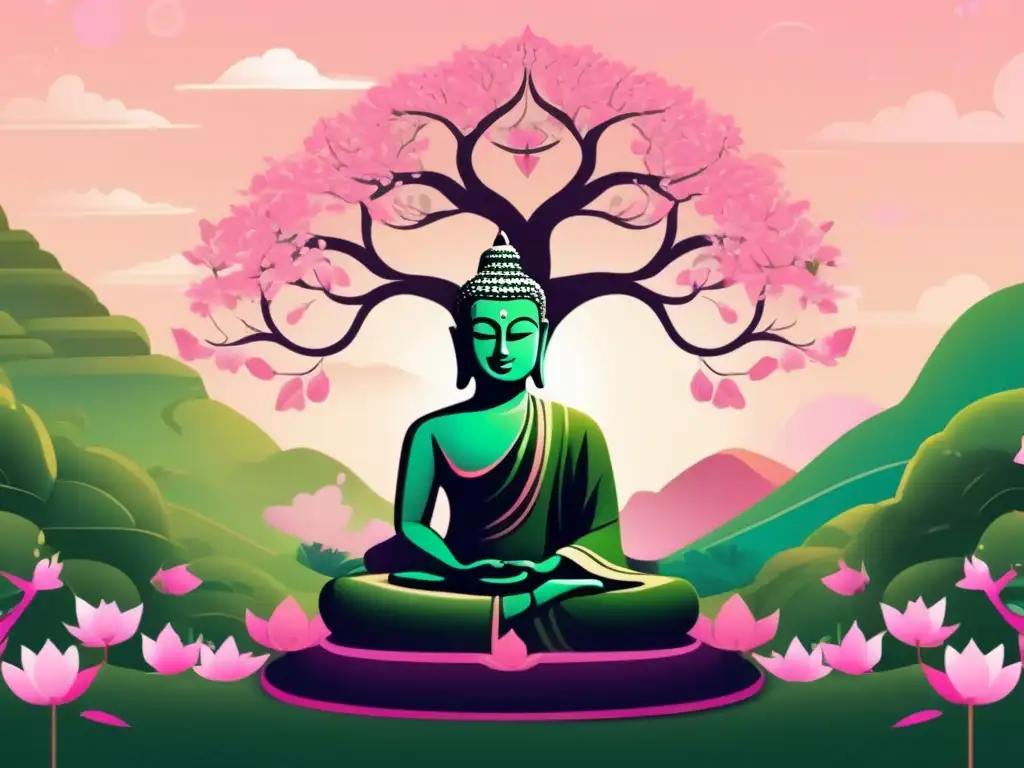 Bajo un árbol ancestral, Mahavira historia reformador espiritual medita en paz bajo un cielo etéreo