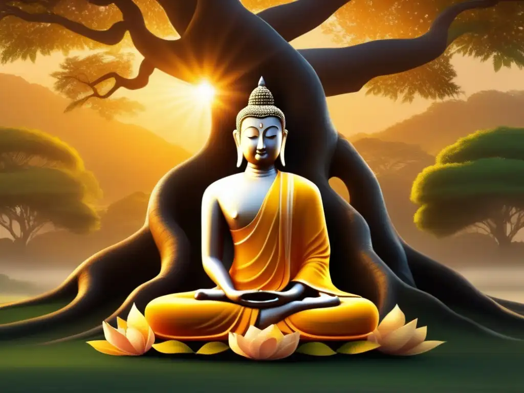 Luz dorada: Siddharta medita bajo el Bodhi tree Bajo el árbol Bodhi, Siddharta Gautama medita en una atmósfera serena y dorada, invitando a embarcarse en su viaje espiritual