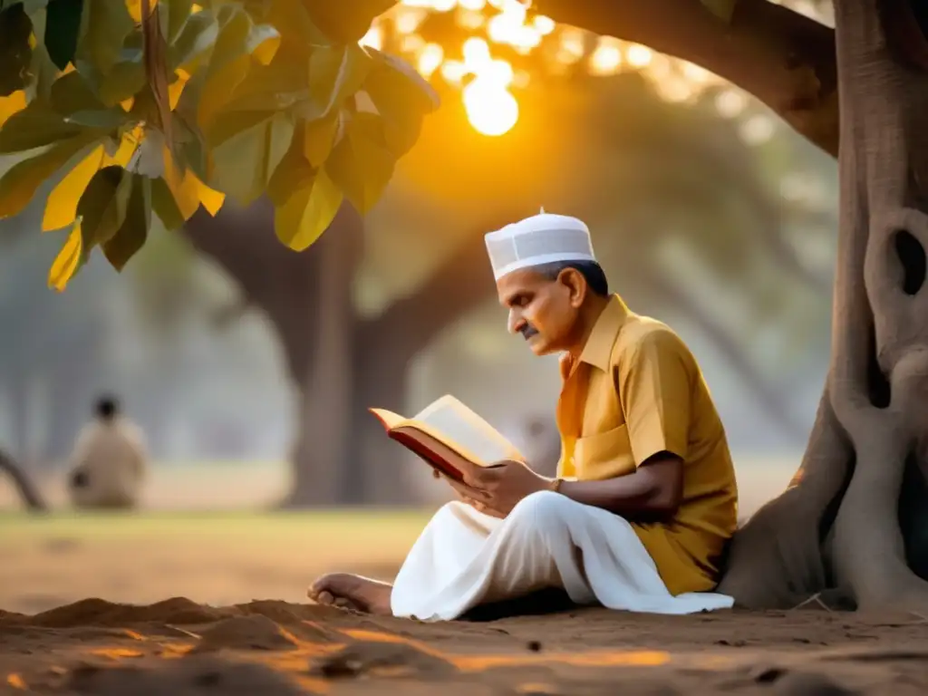Bajo un árbol de baniano, el joven Lal Bahadur Shastri reflexiona con un libro en mano