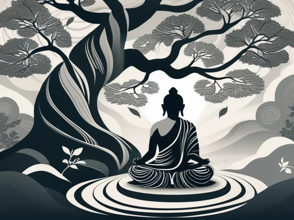 Bajo un árbol bodhi, Dogen Zenji medita en una ilustración digital detallada, reflejando la influencia contemporánea del Zen