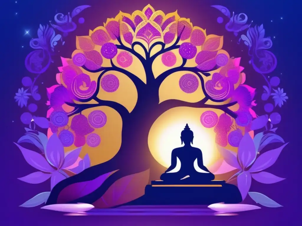 Sereno retrato digital de Siddharta bajo el árbol Bodhi Siddharta Gautama medita bajo el árbol Bodhi en una obra digital serena y moderna