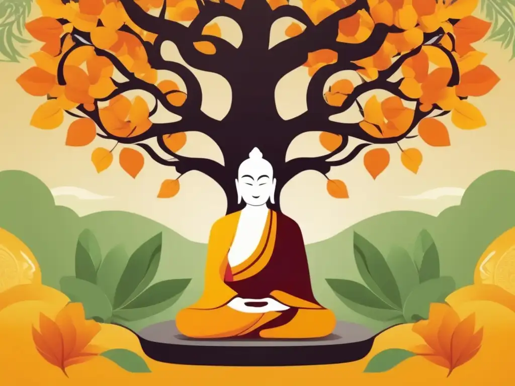 Bajo un árbol bodhi, Huineng medita en una ilustración contemporánea de estilo digital