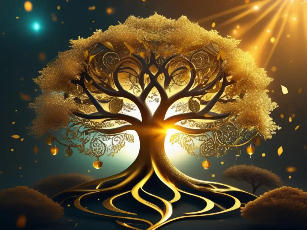 Un árbol dorado cautivador, con símbolos brillantes y runas antiguas en su tronco, emite una atmósfera mística y mágica en un escenario surrealista