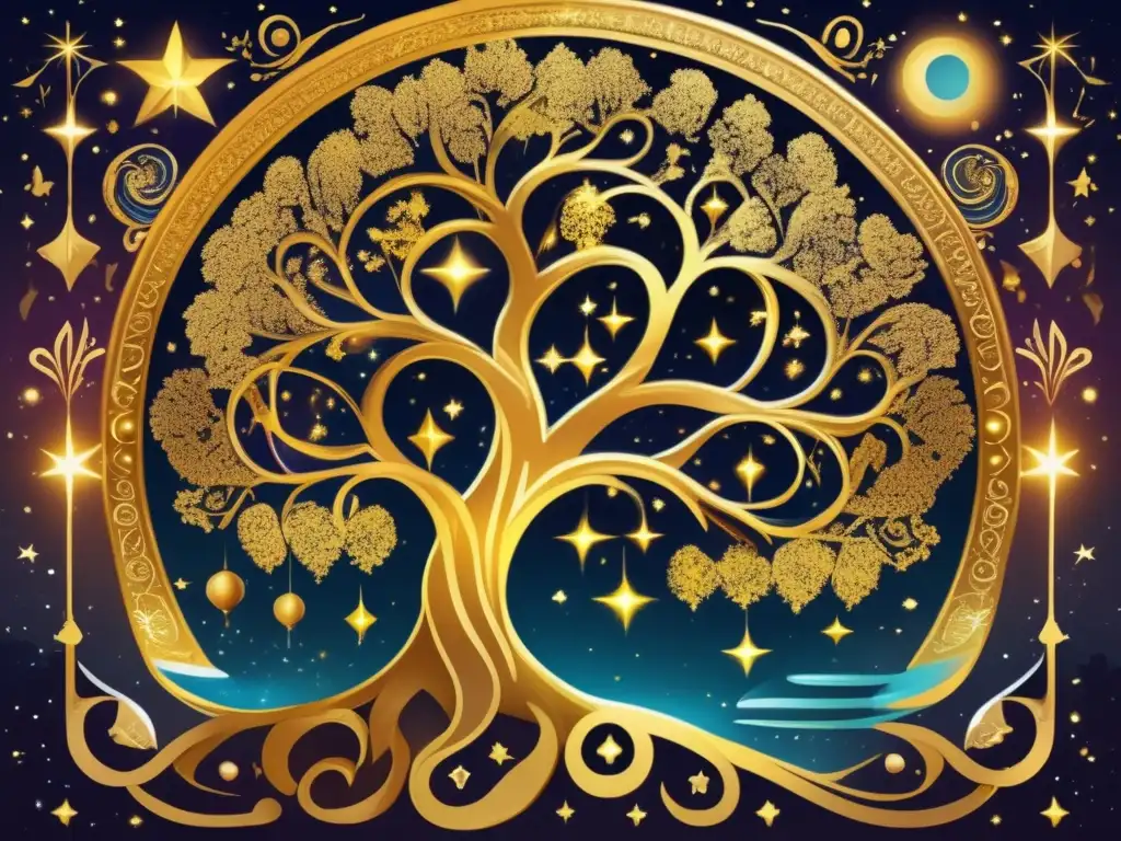 Un árbol dorado intrincado con hojas brillantes, rodeado de símbolos místicos y iconografía religiosa
