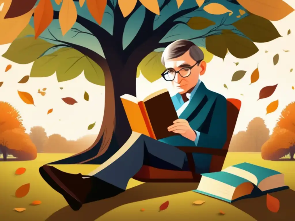Bajo un árbol, Stephen Hawking lee con intensa concentración, reflejando su pasión por aprender