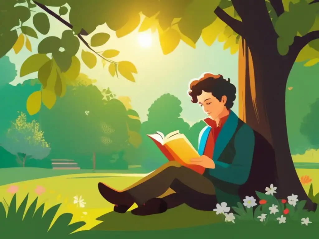 Bajo un árbol, un joven Pushkin lee, rodeado de naturaleza exuberante y flores silvestres