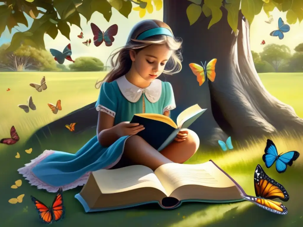 Bajo un árbol, Mary Cartwright lee un libro rodeada de mariposas