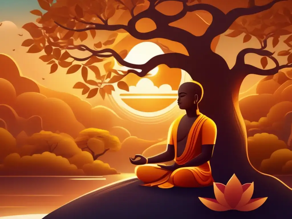 Bajo el árbol Bodhi, Mahavira historia reformador espiritual medita en serena iluminación dorada