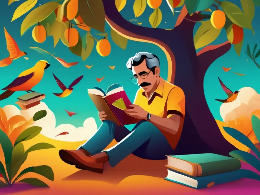 Bajo un árbol de mango, Gabriel García Márquez contempla en una ilustración digital llena de elementos fantásticos