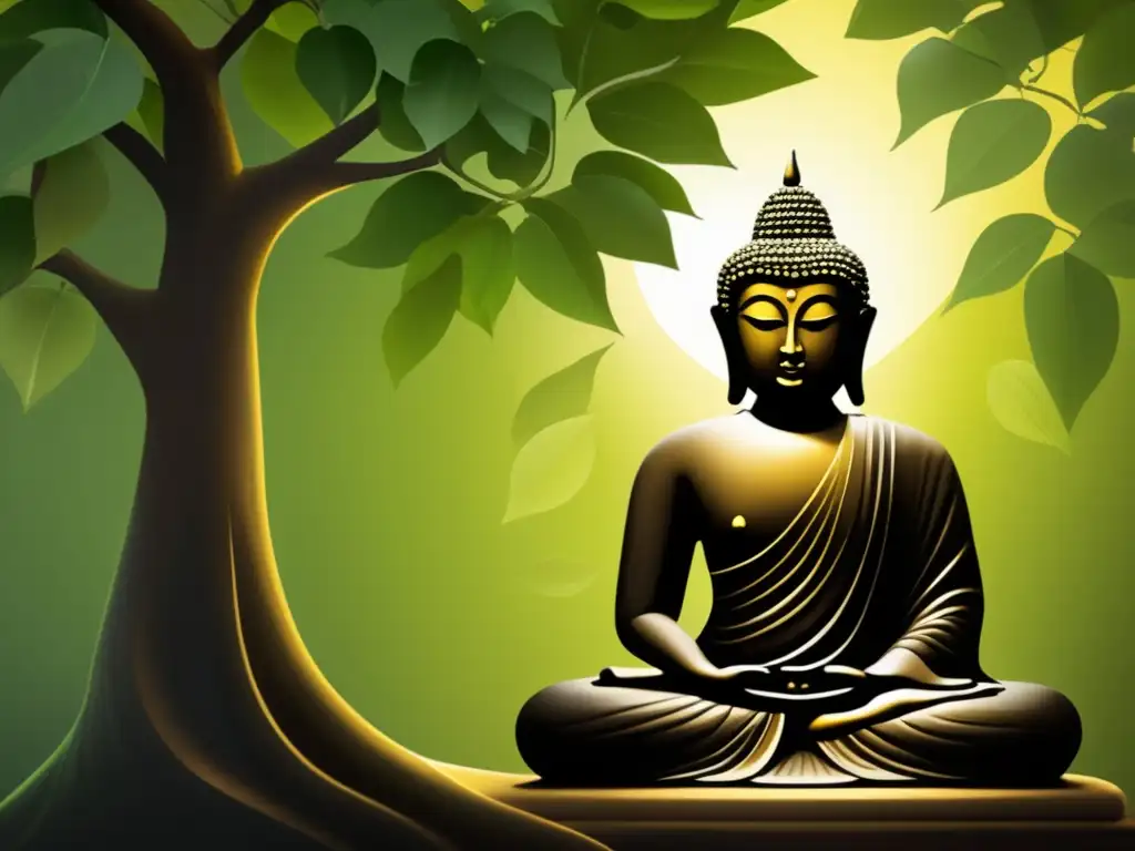 Bajo el árbol Bodhi, Gautama Buda medita en un paisaje sereno y moderno