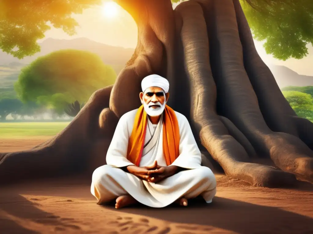 Sai Baba de Shirdi: Imagen de Serenidad y Sabiduría Bella representación de Sai Baba de Shirdi bajo un árbol neem, irradiando paz y sabiduría en altísima resolución