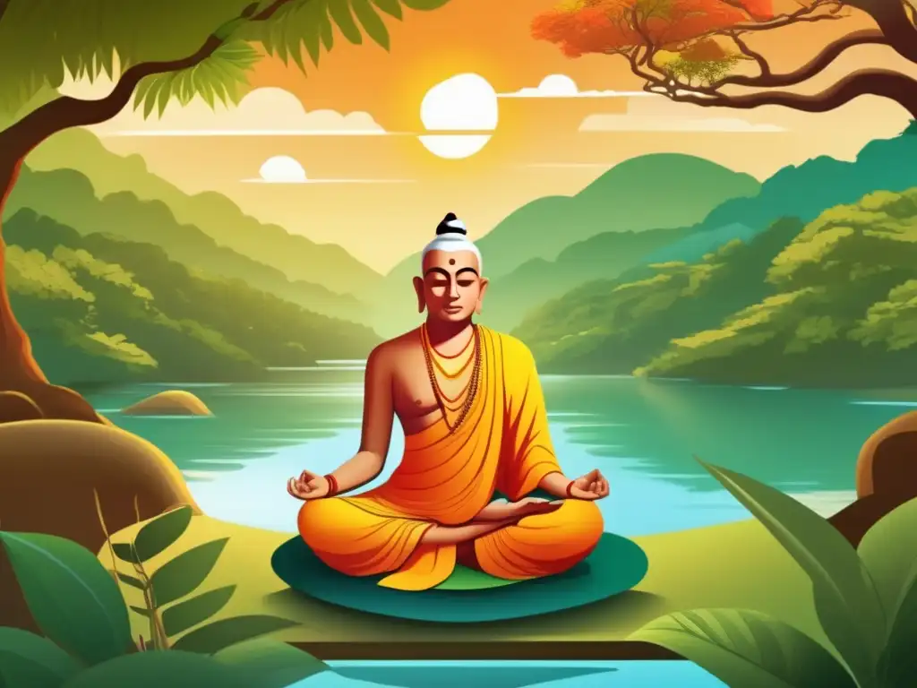 Bajo un árbol Bodhi, Adi Shankaracharya medita serenamente, rodeado de exuberante vegetación y un río tranquilo