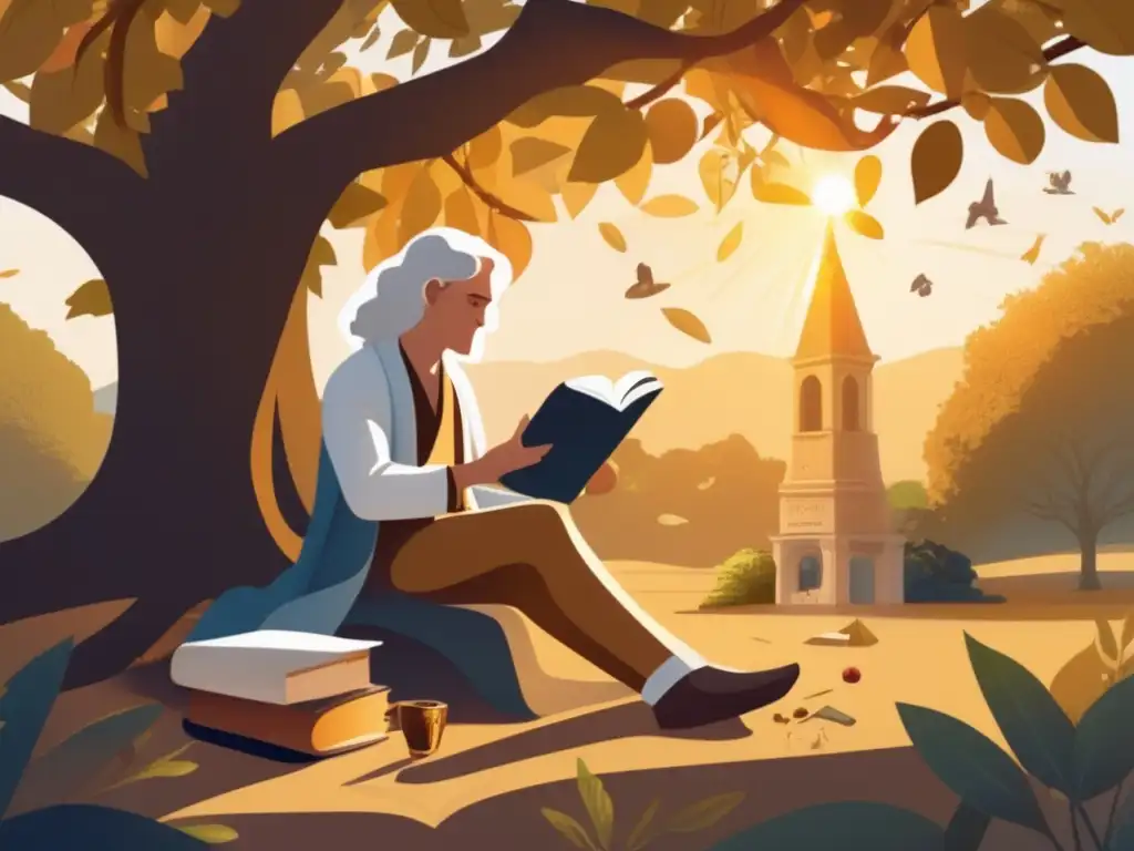 Bajo un árbol, Isaac Newton lee rodeado de instrumentos científicos y símbolos religiosos