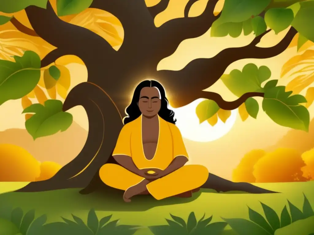 Bajo un árbol Bodhi, Paramahansa Yogananda medita sereno, irradiando paz y espiritualidad
