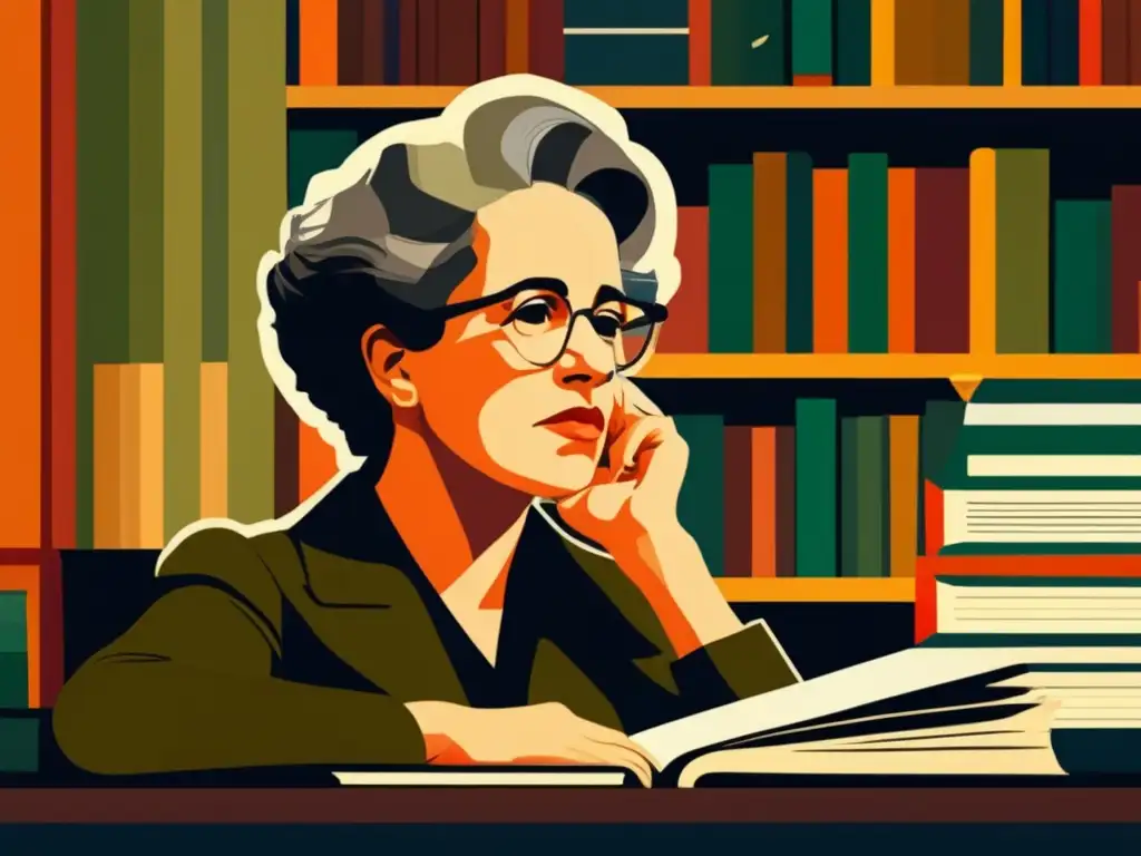 Hannah Arendt inmersa en pensamientos profundos, rodeada de libros y papeles, con expresión contemplativa