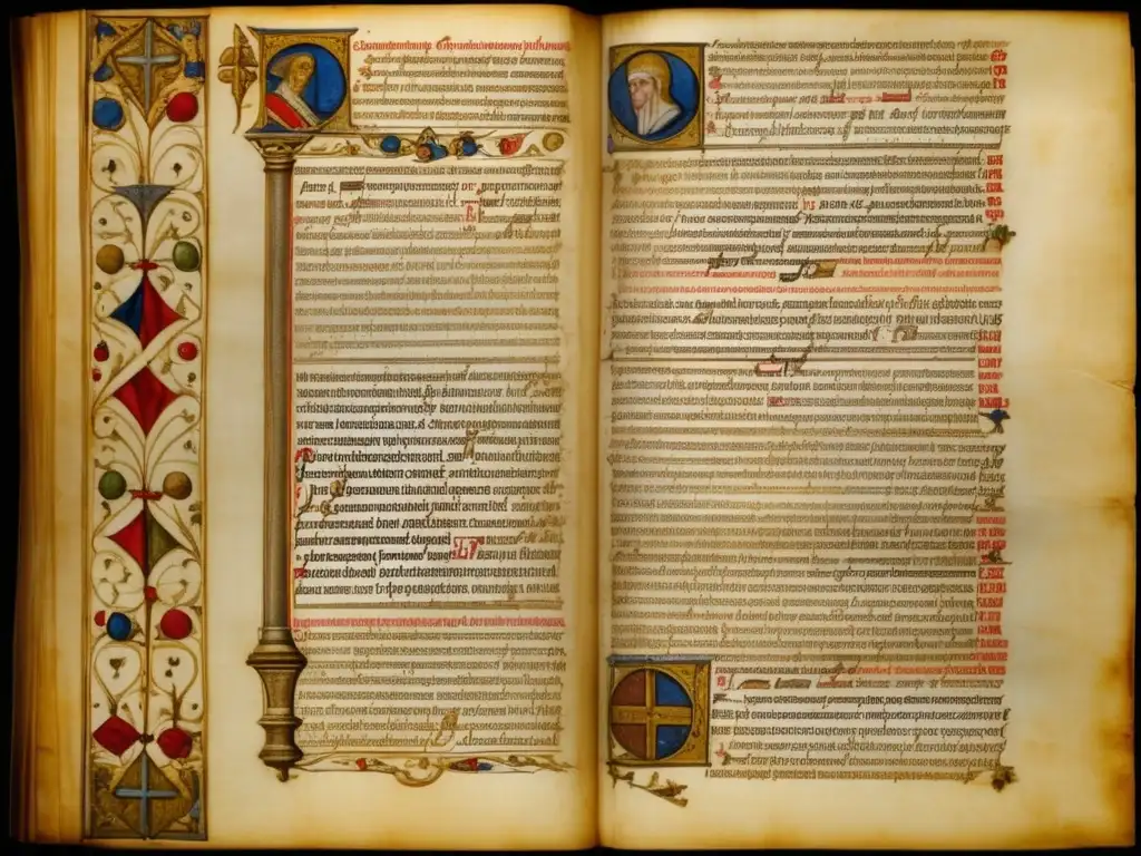 El argumento ontológico de Anselmo de Canterbury en caligrafía antigua, iluminado con cálida luz, evoca profundidad histórica e intelectual