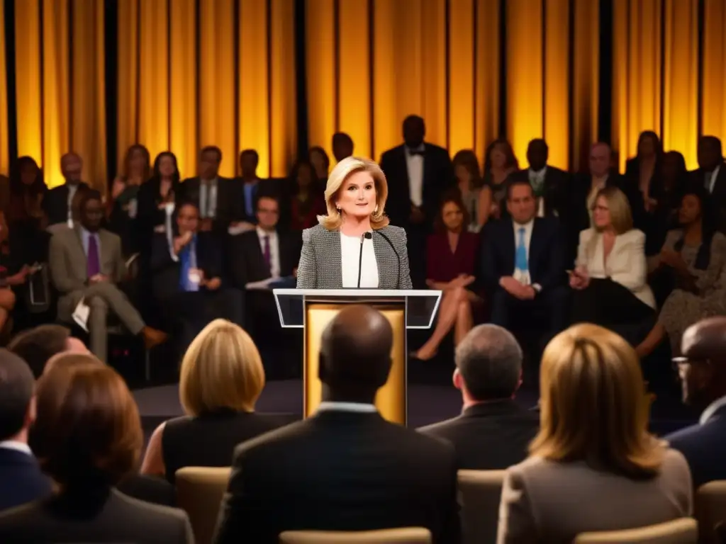 Arianna Huffington entregando un poderoso discurso en una ceremonia de premios, rodeada de periodistas y líderes de opinión