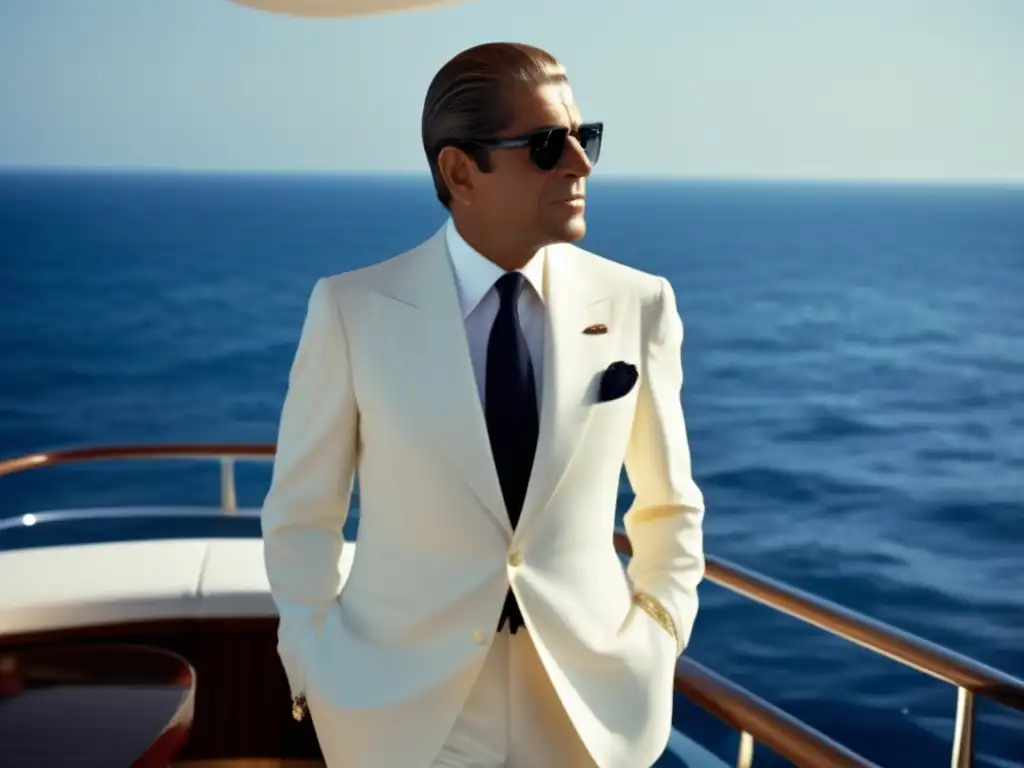 Aristóteles Onassis, magnate marítimo, viste elegante en la cubierta de un lujoso yate, simbolizando su conexión con el mar