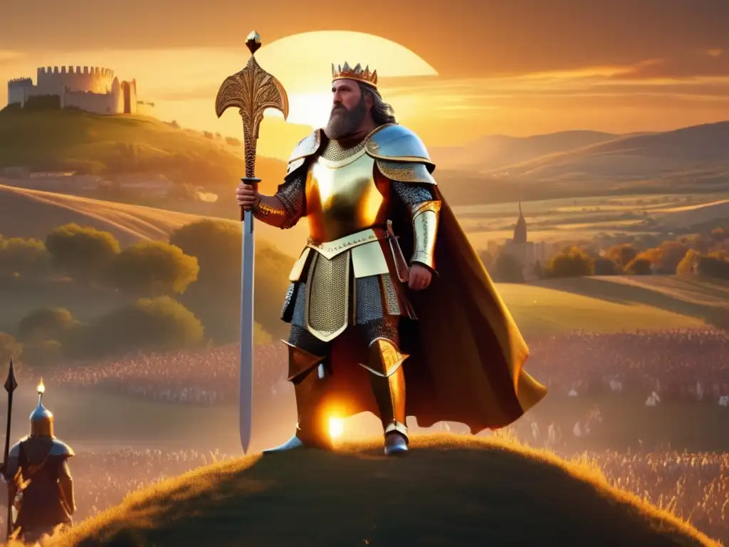El rey Clovis I, con armadura medieval y espada dorada, lidera su ejército al atardecer en la Fundación de Francia Medieval Merovingia