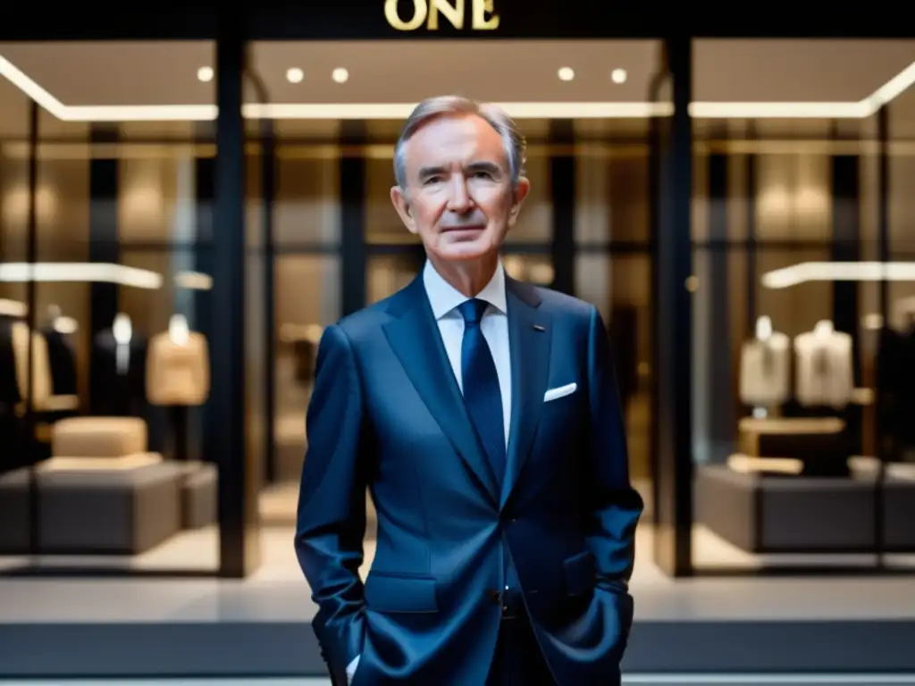 Bernard Arnault, estrategia y éxito en el mundo del lujo, frente a una lujosa tienda de una de sus marcas, exudando autoridad y visión