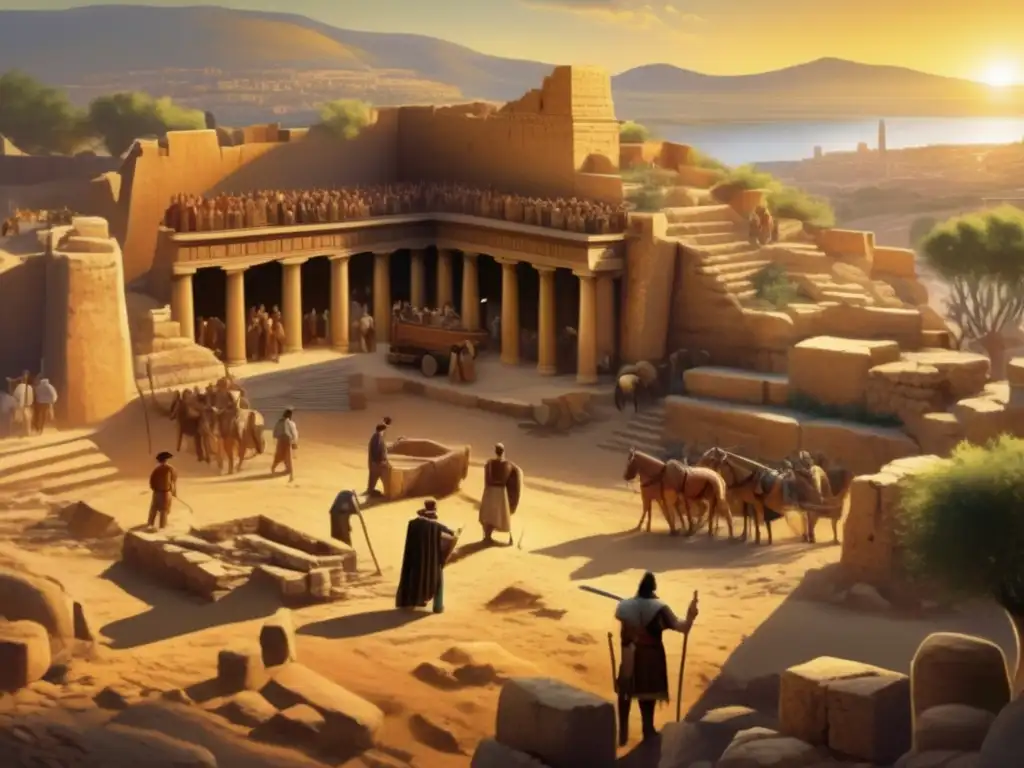 Mientras el arqueólogo Heinrich Schliemann excava las ruinas de Troya con determinación, el equipo lo rodea bajo la luz del sol