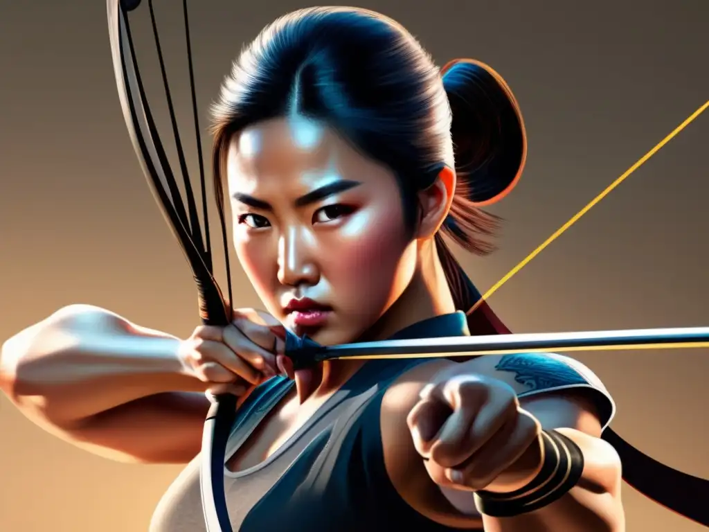Kim SooNyung, arquera, concentrada y determinada, tensa su arco con precisión