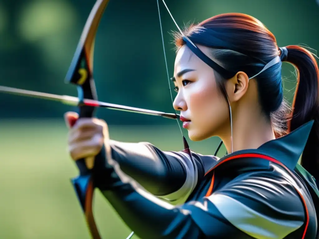 Kim SooNyung, arquera de élite, se concentra en su objetivo en un campo de tiro de última generación