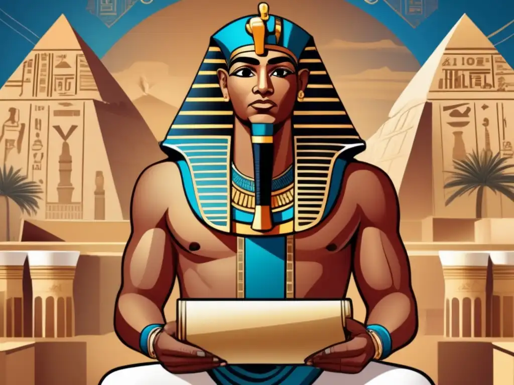 Imhotep, el arquitecto y médico egipcio, en una ilustración moderna, rodeado de planos, instrumentos médicos y símbolos de sabiduría