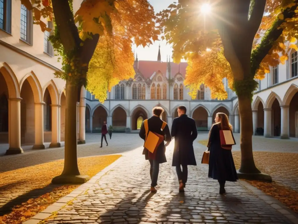 Universidad europea histórica con arquitectura ornamental, patio tranquilo rodeado de árboles otoñales