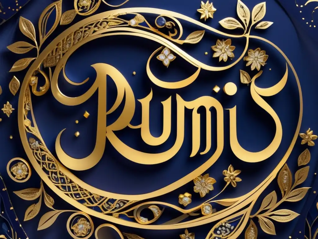 Un arte de caligrafía árabe intrincada con una cita de Rumi, sobre fondo índigo