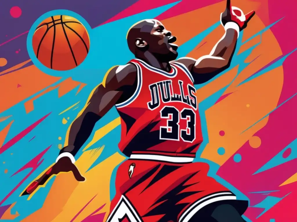 Arte digital de alta resolución de Michael Jordan en acción en la cancha de baloncesto, capturando su influencia global
