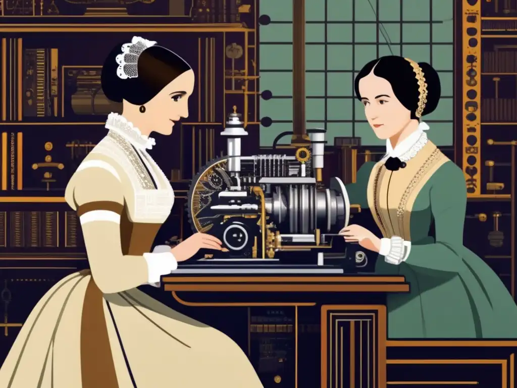 Un arte digital moderno de alta resolución muestra a Ada Lovelace y Charles Babbage colaborando en diseños de computadoras tempranas