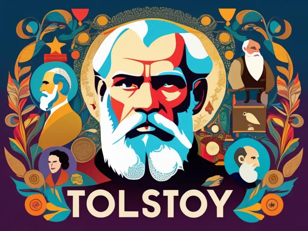 Un arte digital moderno de alta resolución muestra a Tolstói rodeado de personajes de sus obras, evocando el legado de la literatura rusa