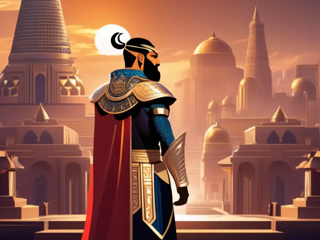 Un arte digital moderno muestra a Gilgamesh, el rey semidivino, con armadura ornamentada y una capa real ondeante, frente a una ciudad futurista